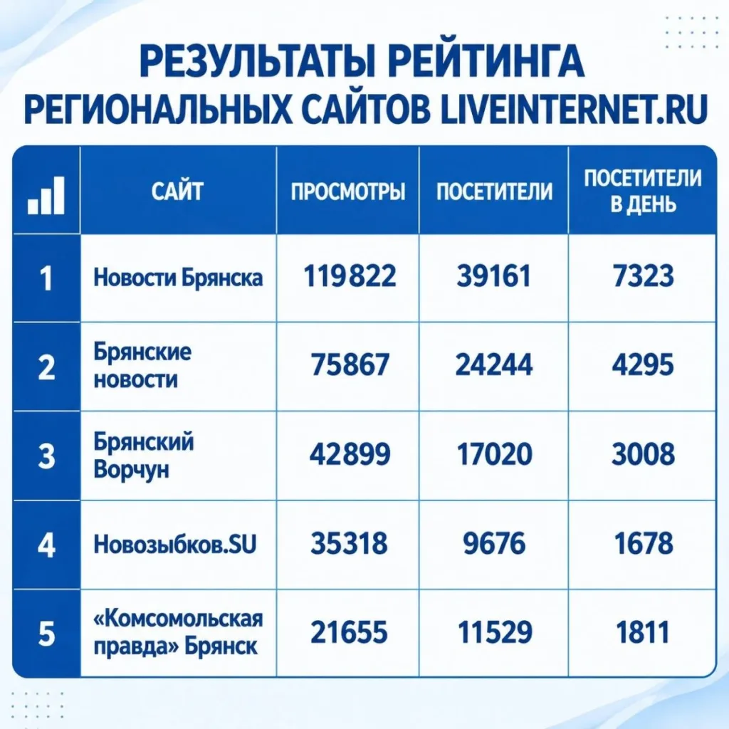 Таблица рейтинга посещаемости брянских СМИ