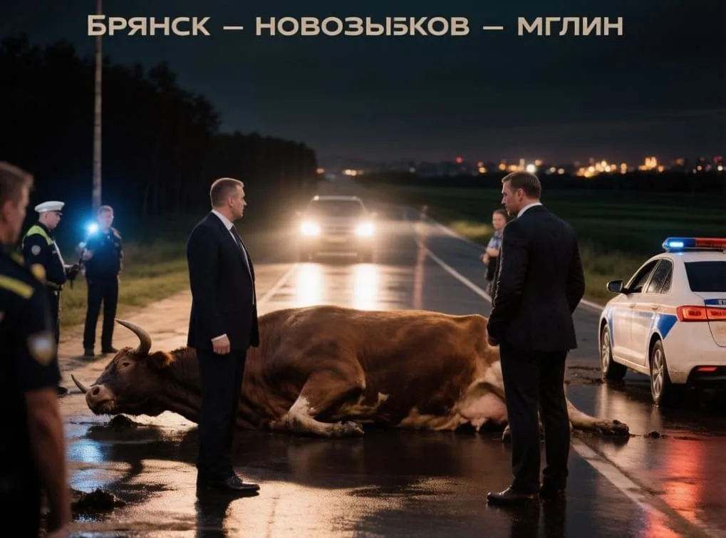 Место ДТП на трассе Брянск—Новозыбков—Мглин с быком