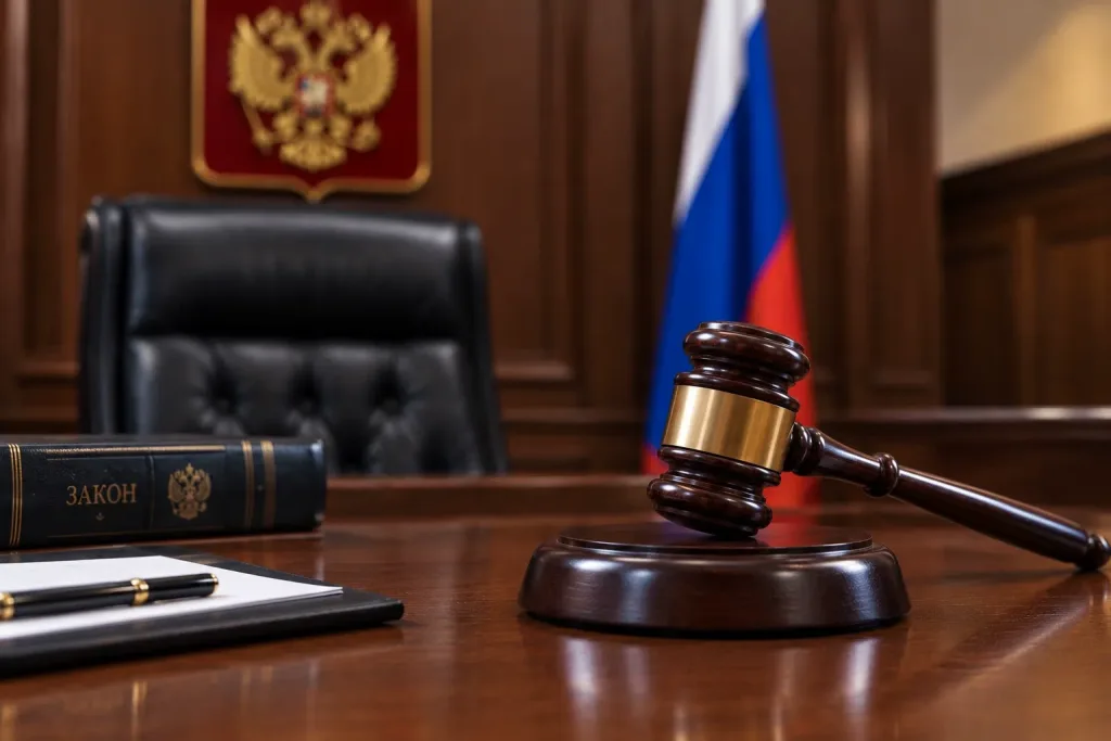 Судейский молоток в кабинете с символикой России