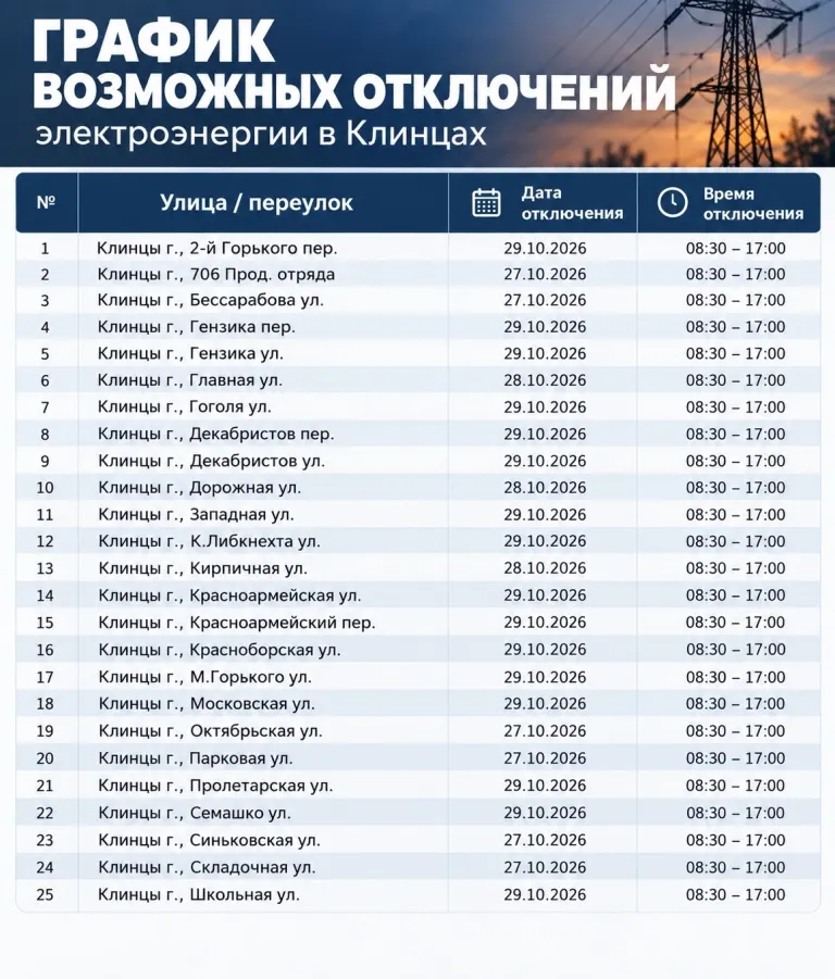В Клинцах на 27-29 октября запланированы отключения электричества на 25 улицах