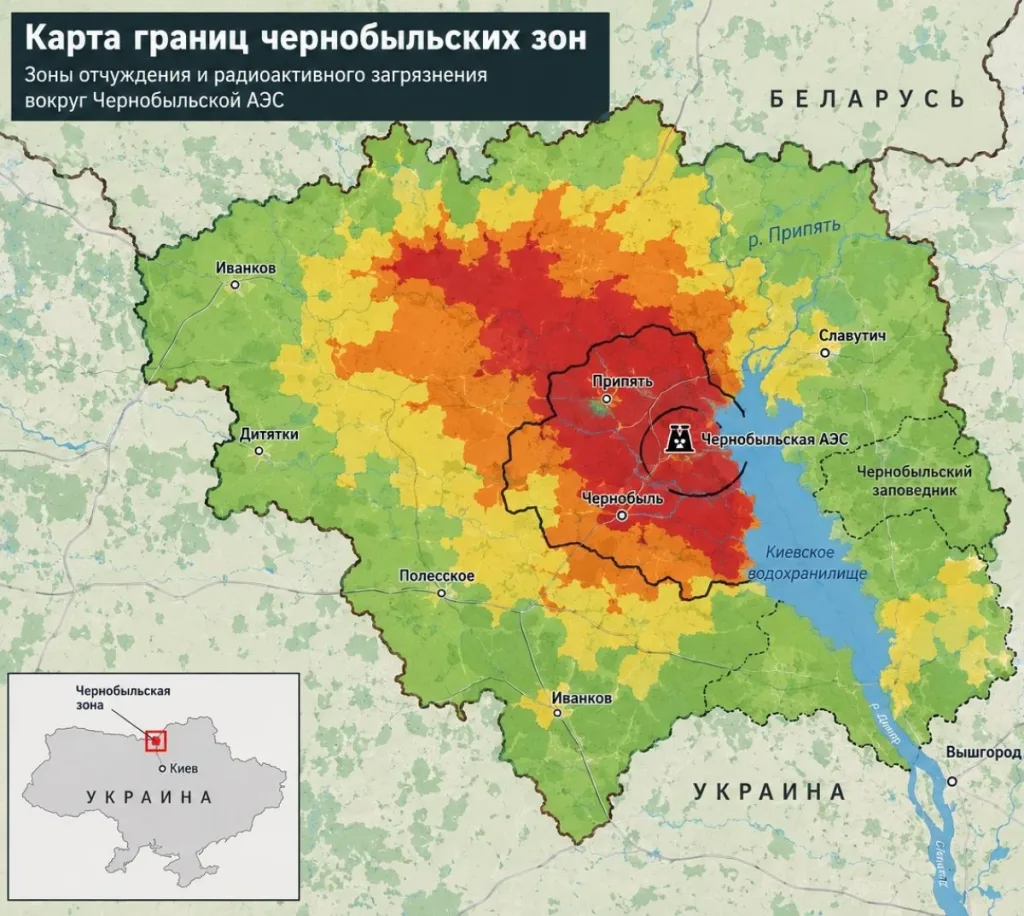 Карта зон радиоактивного загрязнения вокруг Чернобыля