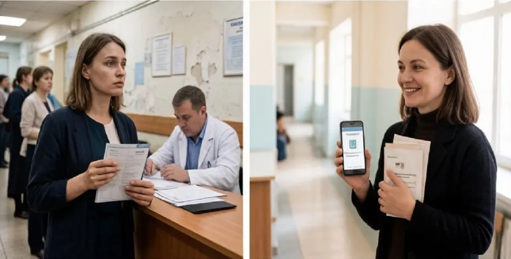 Женщина с документами в медицинском учреждении