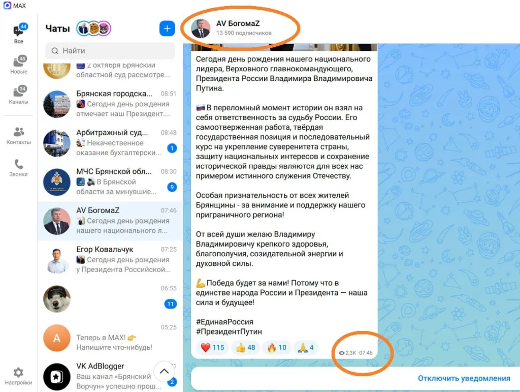 Скриншот мессенджера МАКС с поздравлениями Путину