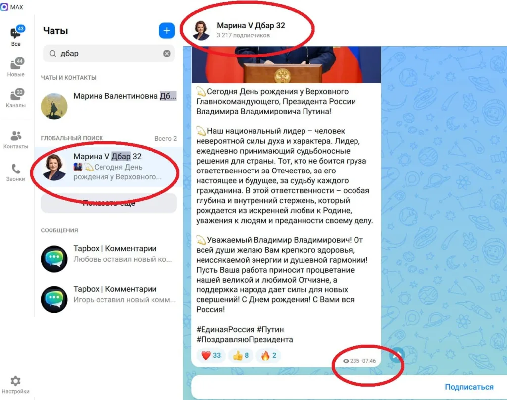 Поздравление Марины Дбар Путину в мессенджере