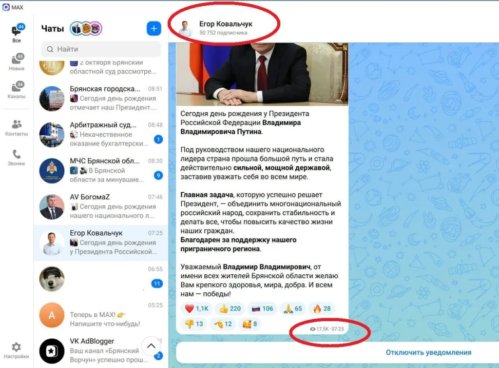 Поздравление губернатора Ковальчука Путину в мессенджере МАКС