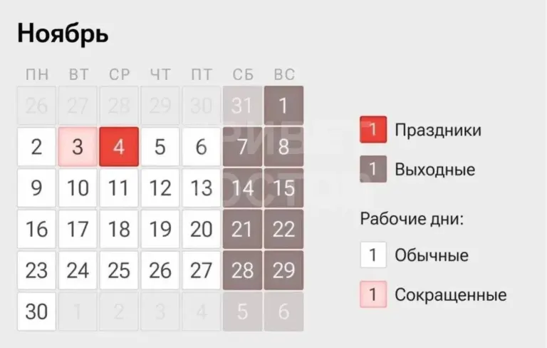 Рабочая неделя с 3 по 4 ноября будет короткой