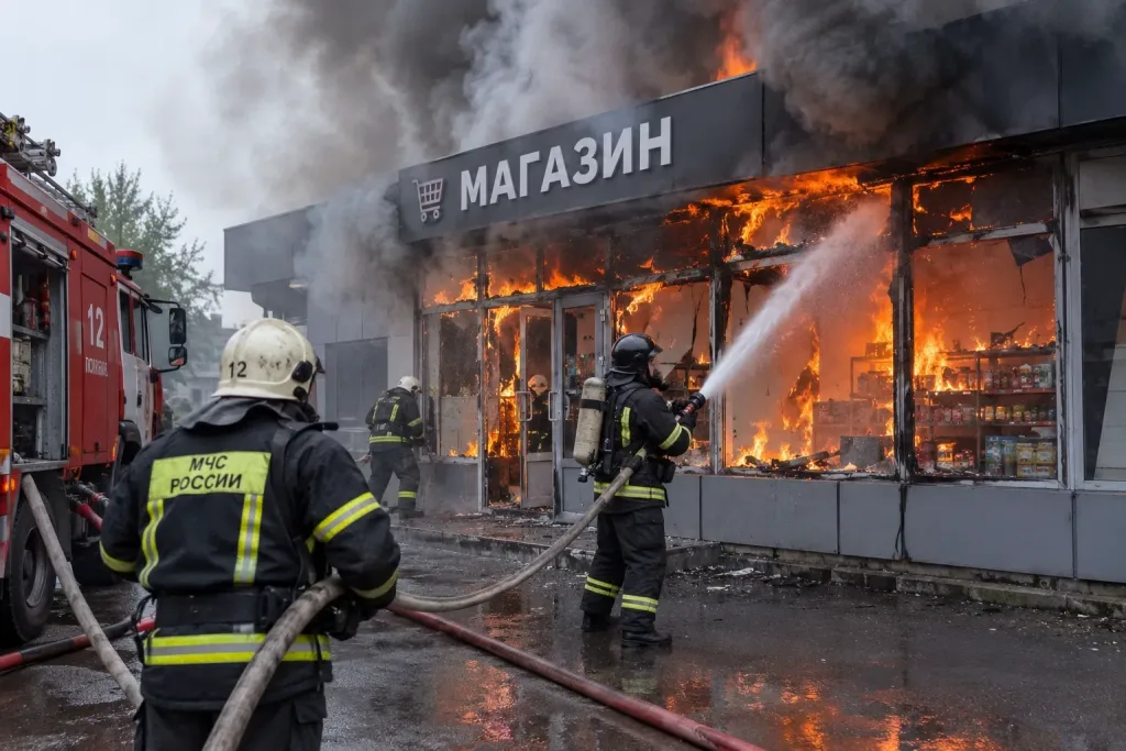 Пожарные тушат возгорание магазина